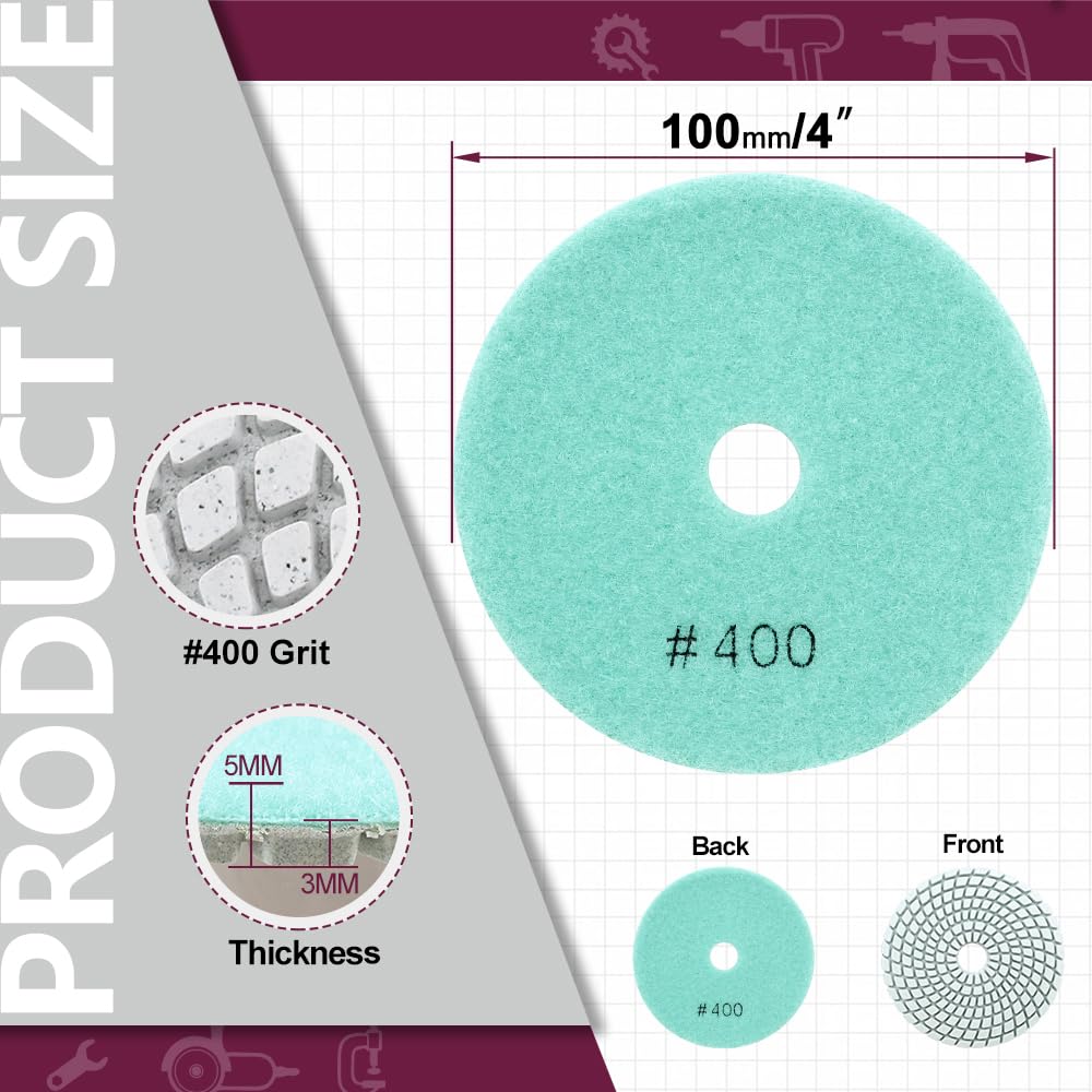 QUEFORET Diamond Polishing Pads Grit 400-6pcs Wet Sanding Discs 100mm for Granite Marble Quartz Artificial Stone - Image 2