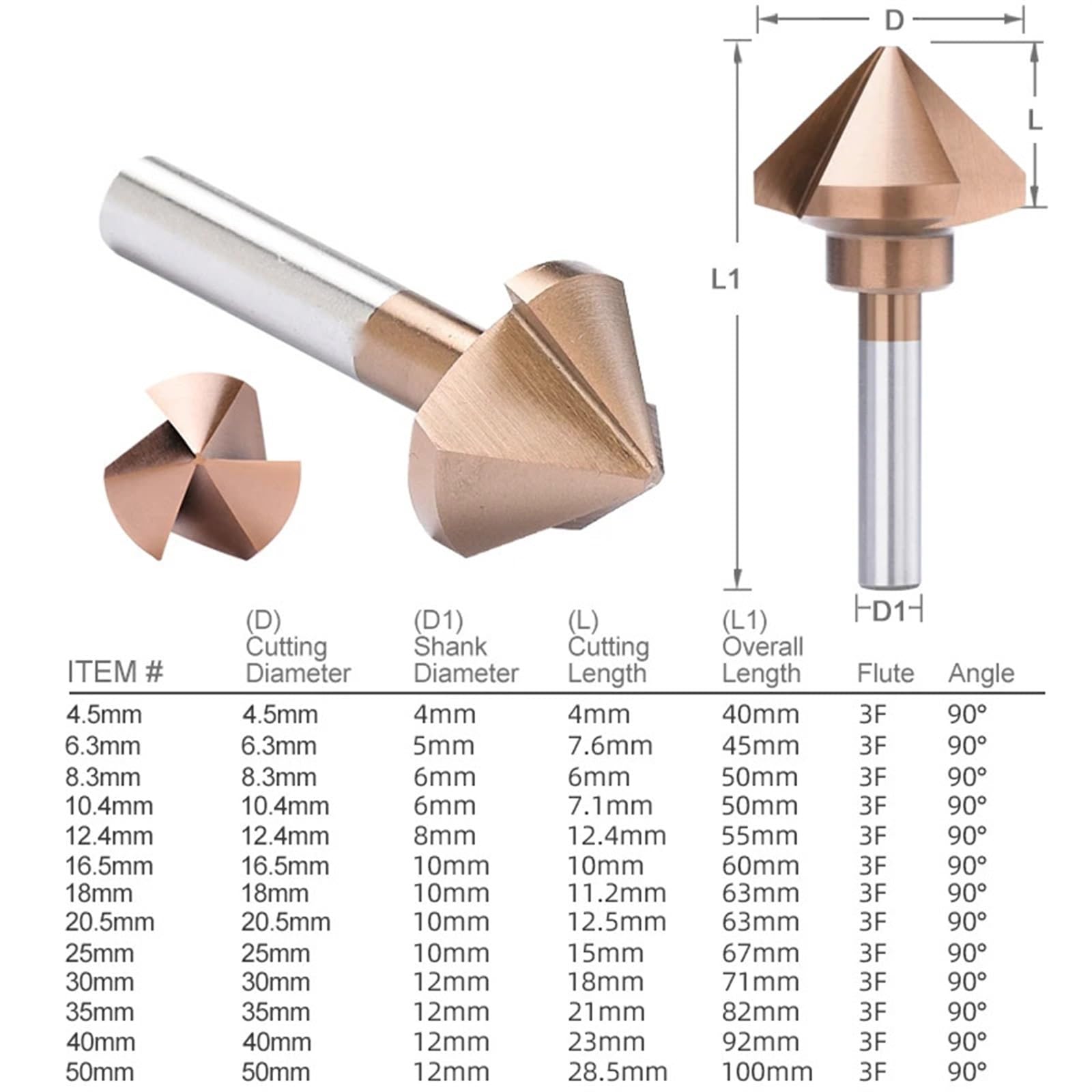 Broca avellanadora de 3 flautas, 90 grados, 4,5-50 mm, HSS 6542, herramienta de perforación de agujeros for madera y metal, cortador de metal, 1 unidad(50mm)