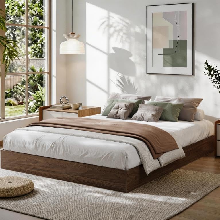 garvee king size bed frame, wooden platform bed with sturdy slats, modern minimalist design, no box spring needed, noise-free design, easy assembly, walnut wood