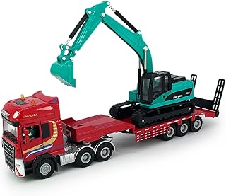 Flatbed Truck Toy with Crawler Excavator Toy Tractor Semi Tow Truck Transport Trailer Metal Diecast Construction Vehicles 2 in 1 Vehicle Playset Friction Powered Toy Trucks for Boys Kids Gift