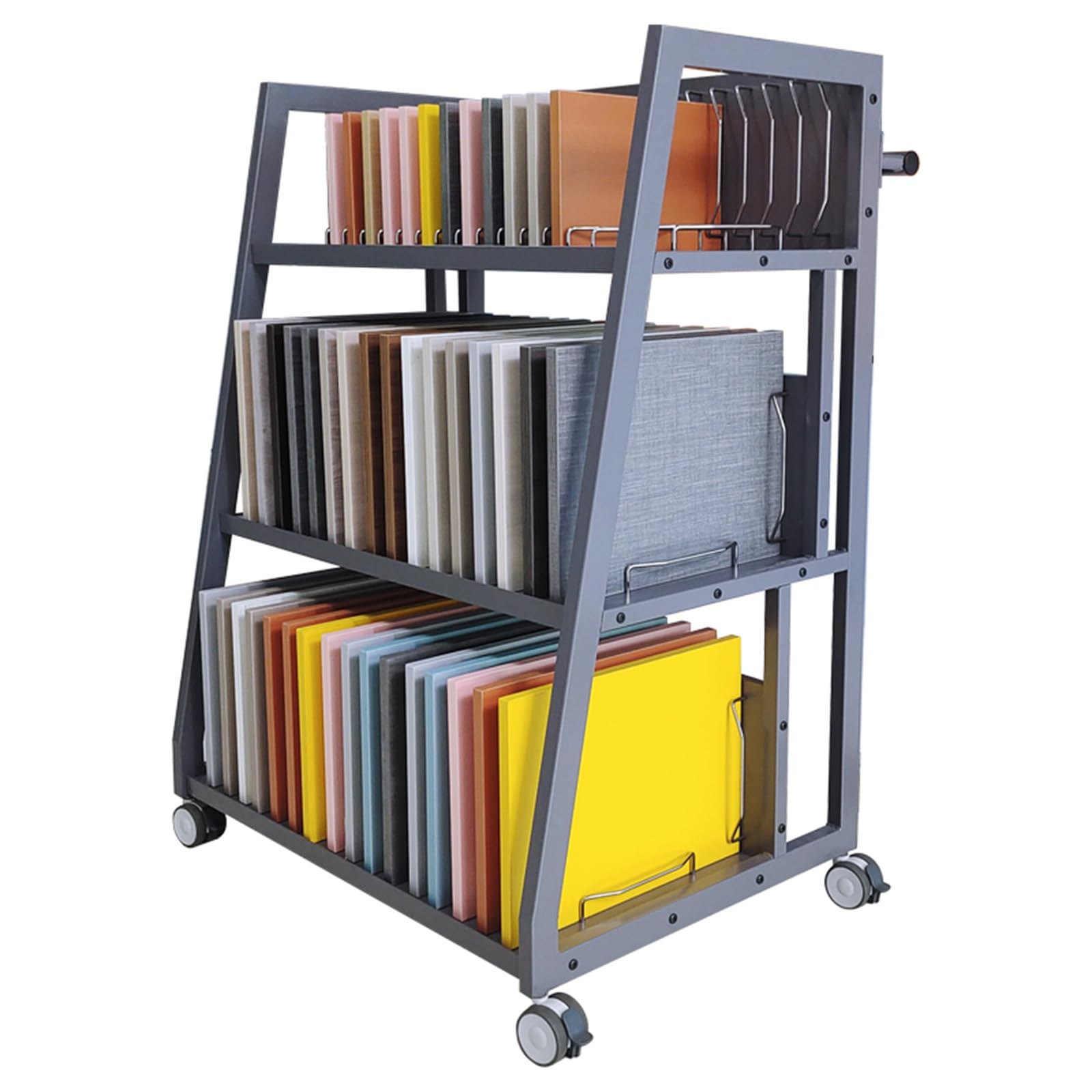 NQNFWCRJ 3-Tier Metal Tile Rack with Wheels and Movable Swivel Floor Tile Display Stand Trapezoidal Structure Architectural Sample Floor Tile Display Rack