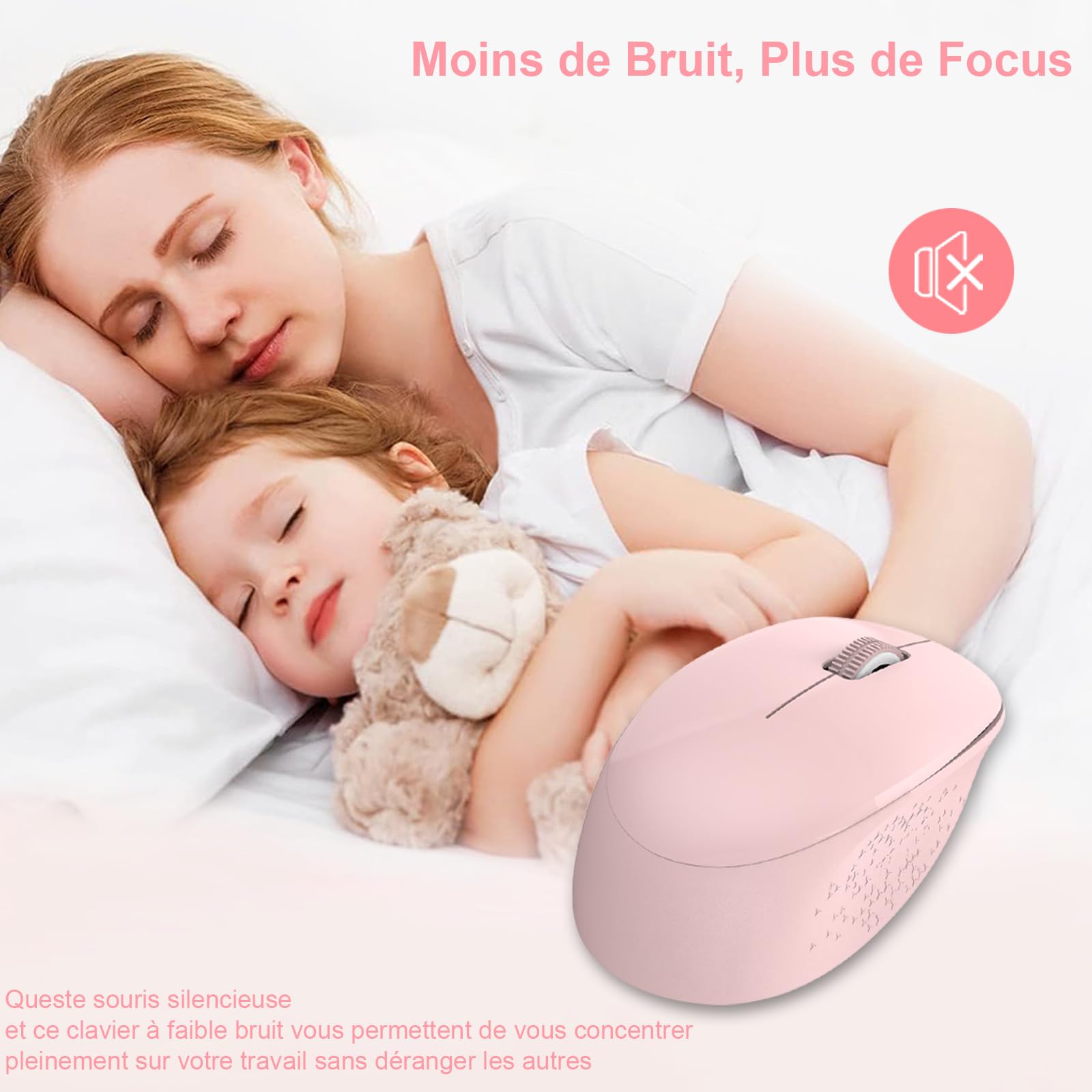 LeadsaiL Ensemble Clavier et Souris sans Fil, Ultra Mince and Silencieux Clavier AZERTY Français Pleine Taille 2.4G avec Récepteur USB pour PC, Ordinateur Portable, Windows, Mac -Rose