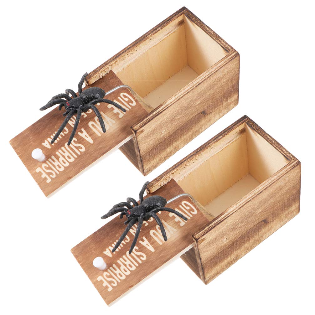 NUOBESTY Spider Prank Toy Box Tricky Spider Box Fake Spider in a Box Funny Wooden Box Toy April Fool Halloween Joke Toys Scare Shocker Surprise Spider Model 2pcs