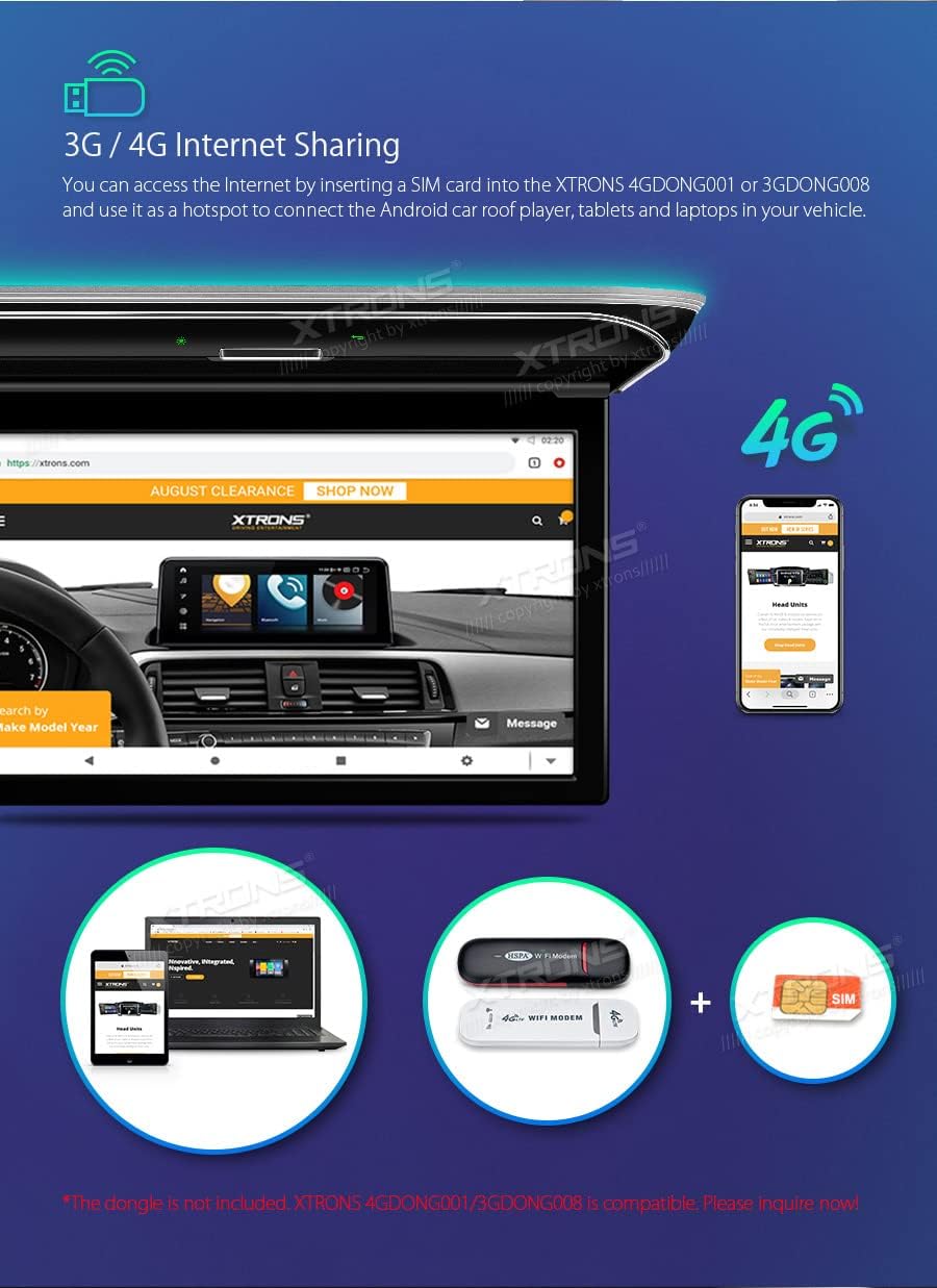 XTRONS Android Car Overhead Player 15.6” Wide IPS Touch Screen 8K Video Car Roof Mount Monitor with Built-in Stereo Speakers Flip Down Overhead Car Monitor Support Bluetooth, WiFi, HDMI, USB, IR