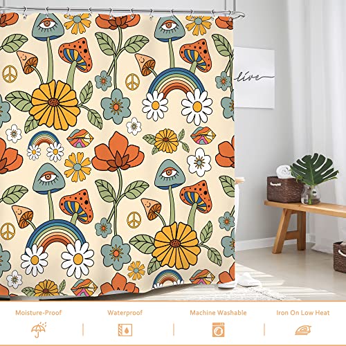 Glawry Boho Mushroom Shower Curtain 72Wx72L Inches Retro Flowers Bathroom Decor Yellow Orange Floral Funny Cute Bohemian Rustic Bath Accessories Art Home Decor Fabric 12 Pack Hooks #TOP2