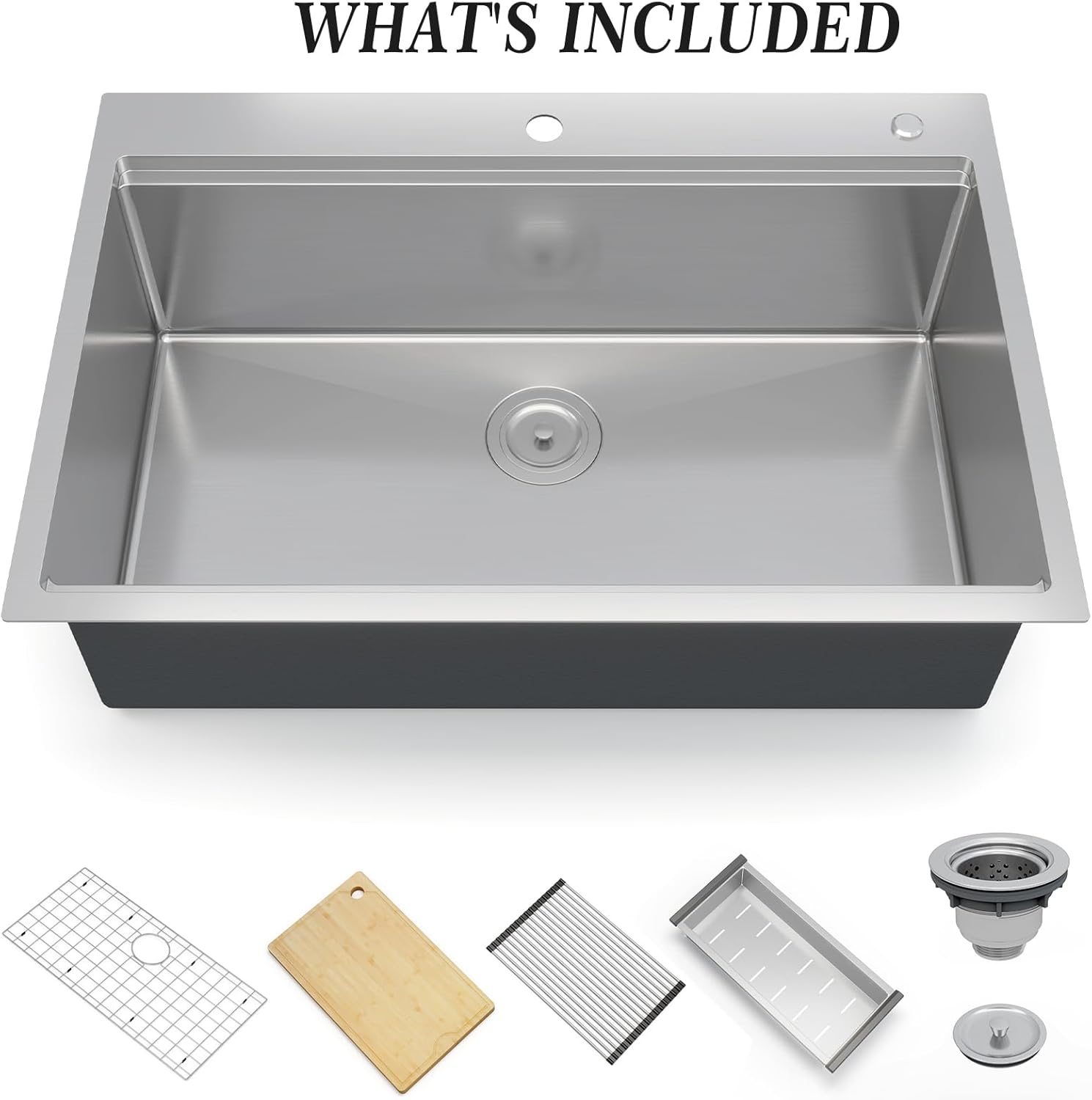 Stainless Steel Kitchen Sink,30 x 22 x 10 inch Top Mount Single Bowl Workstation Sink, 16 Gauge (1.35mm) 304 Stainless Steel, Handmade Brushed Finish, with Cutting Board, Drain Basket & Bottom Grid