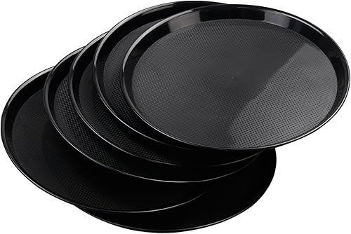 Bandejas redondas de plástico para servir comida rápida, bandejas para cafetería, color negro, 6 paquetes