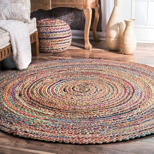 Image of Handwoven 4x4 feet Jute Round Rug, Natural Fibers, Braided Reversible Carpet for Stylish Bedroom Living Room Dining Room Kids Room (4x4 feet Round, Multicolor)