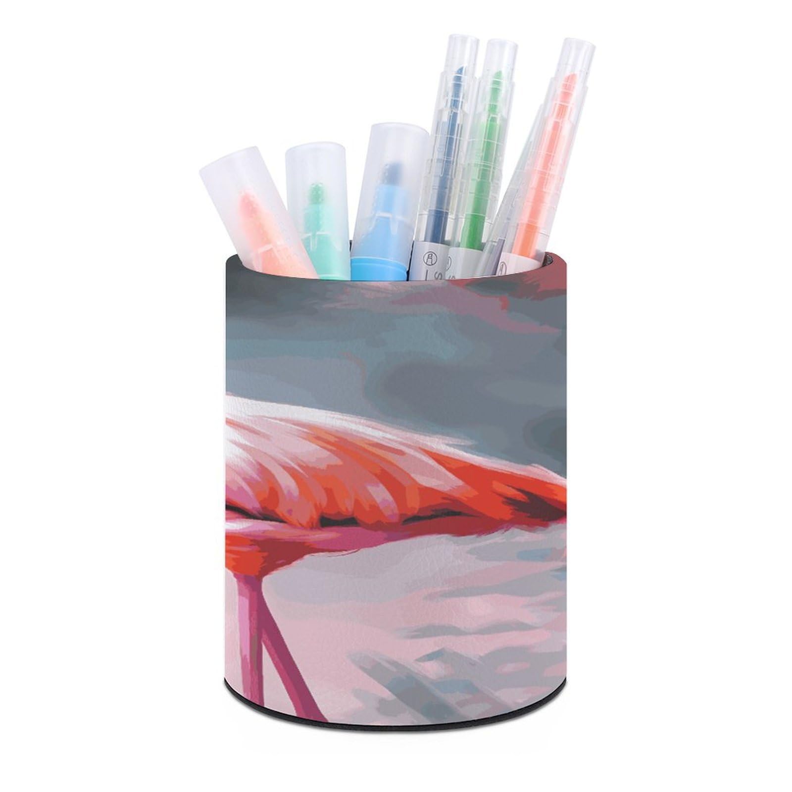LDGSUPH Painting Flamingo Round Pen Holder Leather Pen Cup Pencil Cup Pen Organizer Pencil Holder for Desk Organizer Pencil Organizers Makeup Brush Holders for Home Office Gift