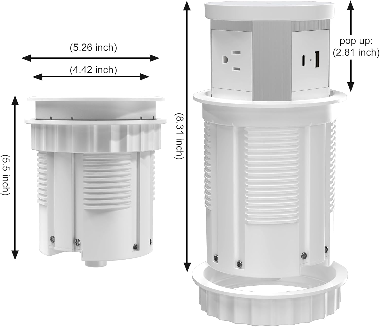 Automatic Pop Up Outlet, 4.33 inch Pop Up Outlet for Countertop with 15W Wireless Charger 3 AC Plug 1 USB-A 1 USB-C Hidden Outlet 5 FT Cord for for Kitchen/Home/Office (White)