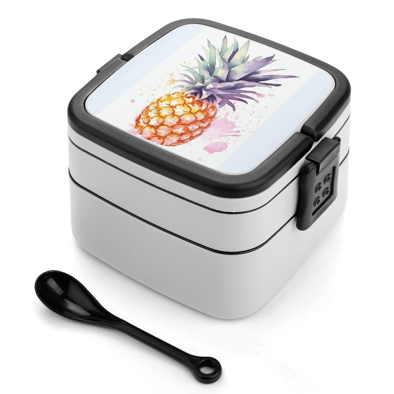 FekiLoot Pineapple Bento Box Adult Lunch Box Sealed Bento Lunch Boxes with Spoon Sturdy Double Layer Bento Boxes Snap-on Design Leak Proof Lunch Containers Ideal for Work
