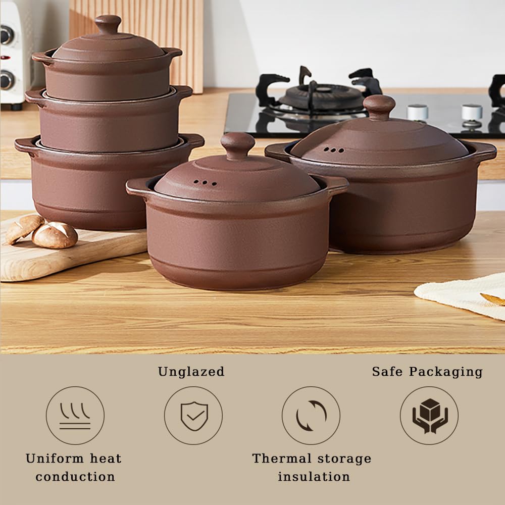 Cazuela de terracota natural con tapas, ollas de arcilla para cocinar, ollas de arroz de barro sin esmaltar (UpgradeT1-1QT)