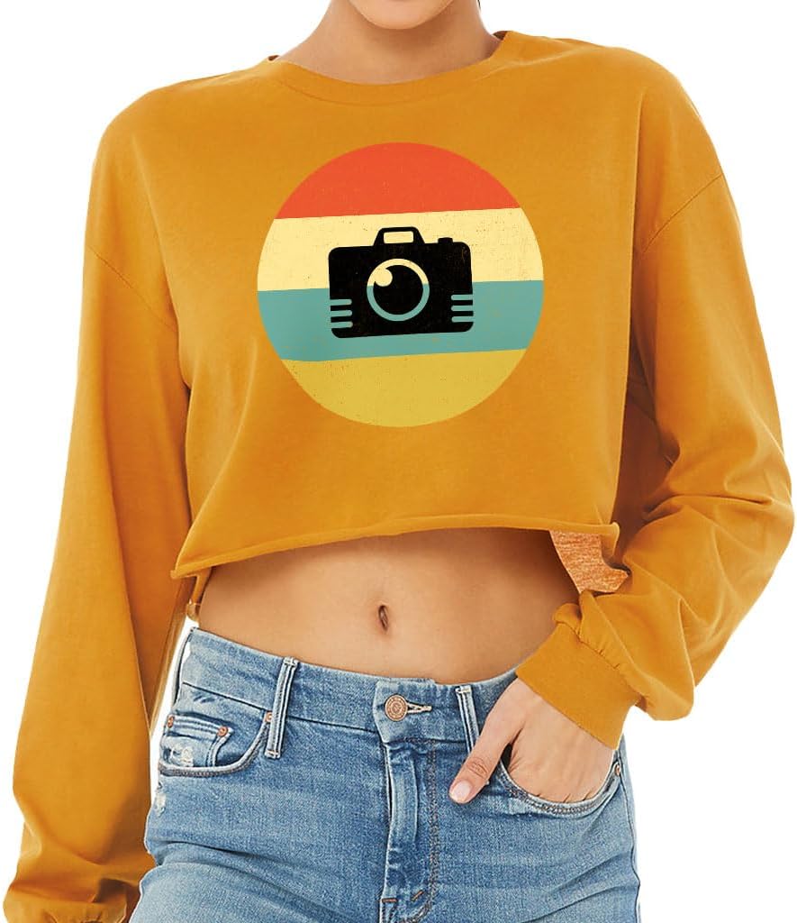 Camera Graphic Cropped Long Sleeve T-Shirt - Themed Women's T-Shirt - Vintage Long Sleeve Tee