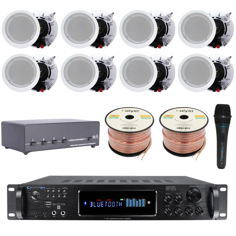 Vaiyer Home Theater System Kit - 7.2 Channel 3500 Watts Bluetooth Amplifier w/ 8 Qty of 5.25" Framed Ceiling Speakers 175W Each, 4-Ch Speaker Selector, Mic, 16 AWG 500 ft Speaker Wire &amp; Remote