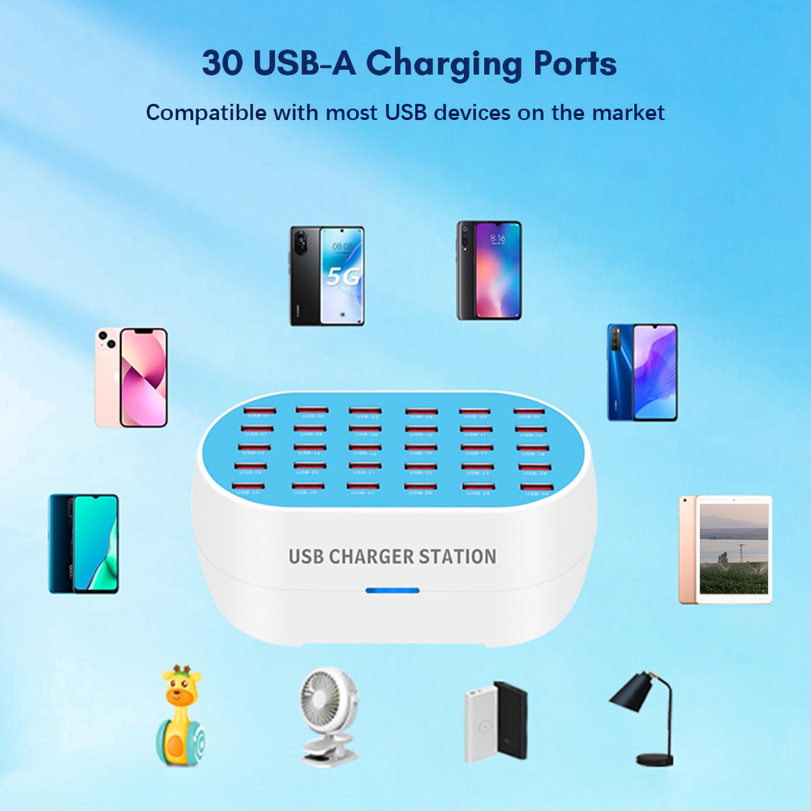 estación de carga usb，HUIOP Cargador USB multipuerto Estación de carga USB de escritorio de 30 puertos Hub 32A/160W Potencia 5V 1A-2.4A Salida Identificación igente Reemplazo para Smartphones Tabletas