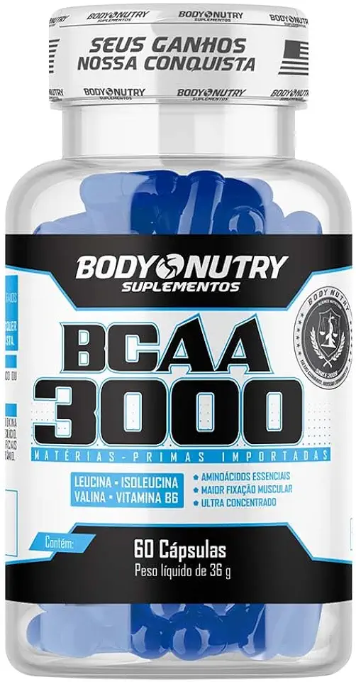 BCAA 3000 Pote 60 Cápsulas Ultra Concentrado Pós Treino ou Pré treino 3g Aminoácidos Essenciais Leucina Isoleucina Valina + Vitamina B6 Absorção Recuperação Importado Original - Body Nutry
