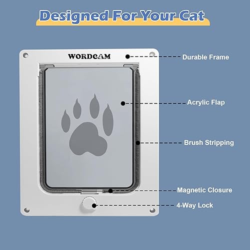 Miniatura 3 de Wordcam Puerta para gatos extragrande, puerta para gatos para puertas interiores y exteriores, puerta para mascotas con bloqueo de 4 vías para gatos