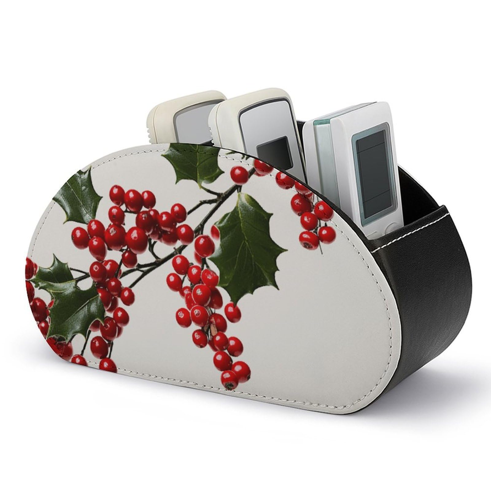 VstaDank Holly Berry Branches Remote Control Holder with 5 Compartments PU Leather Remote Caddy Desktop Organizer Store TV Remote Control Storage Box for Home Office Desk Nightstand
