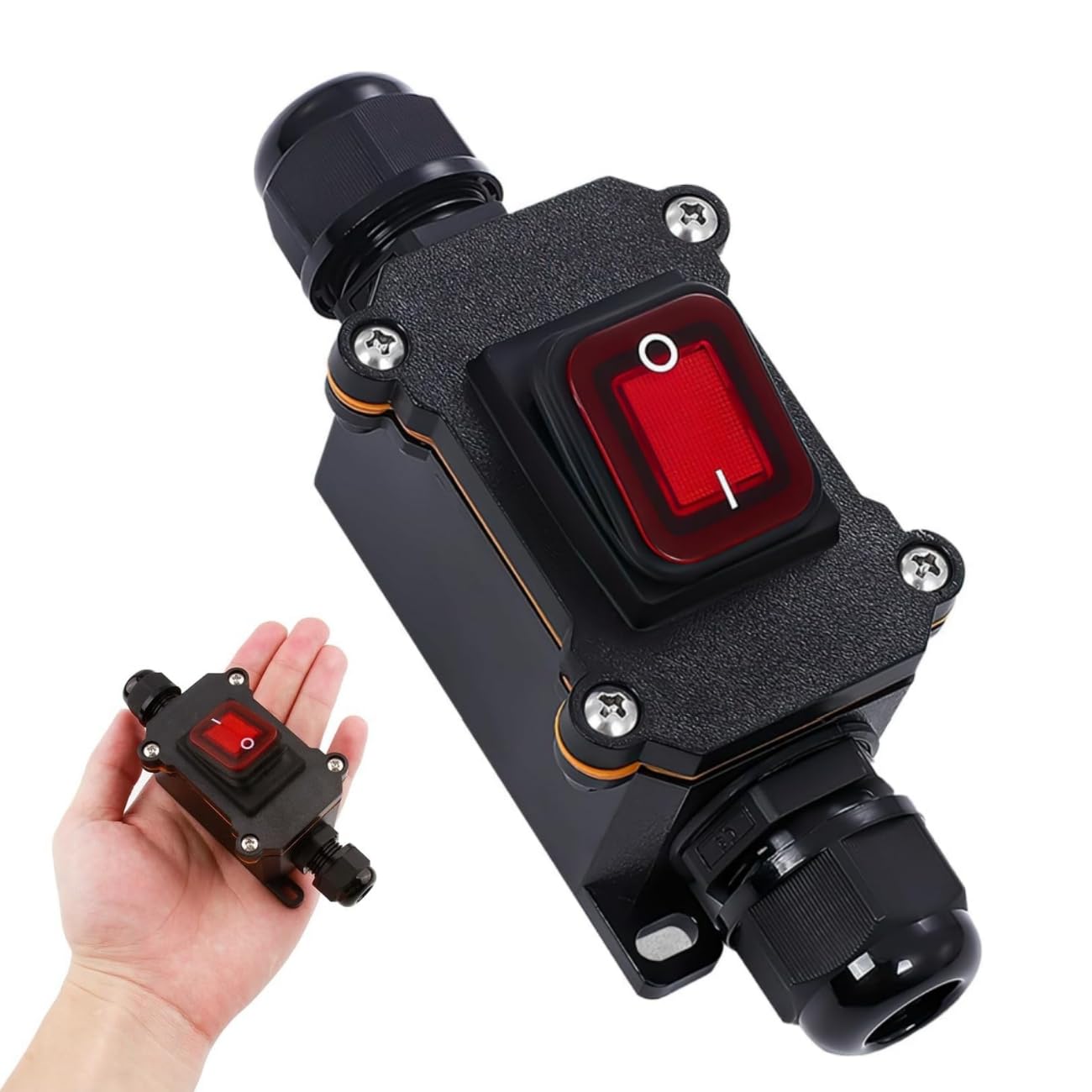 IP65 Weatherproof DPST Rocker Switch 30A 220V-250V AC - 2 Position ON/OFF Control with Red Indicator Light, Heavy Duty Inline Cord Switch for Outdoor Garden Lighting & Indoor Workshop Use (Black)