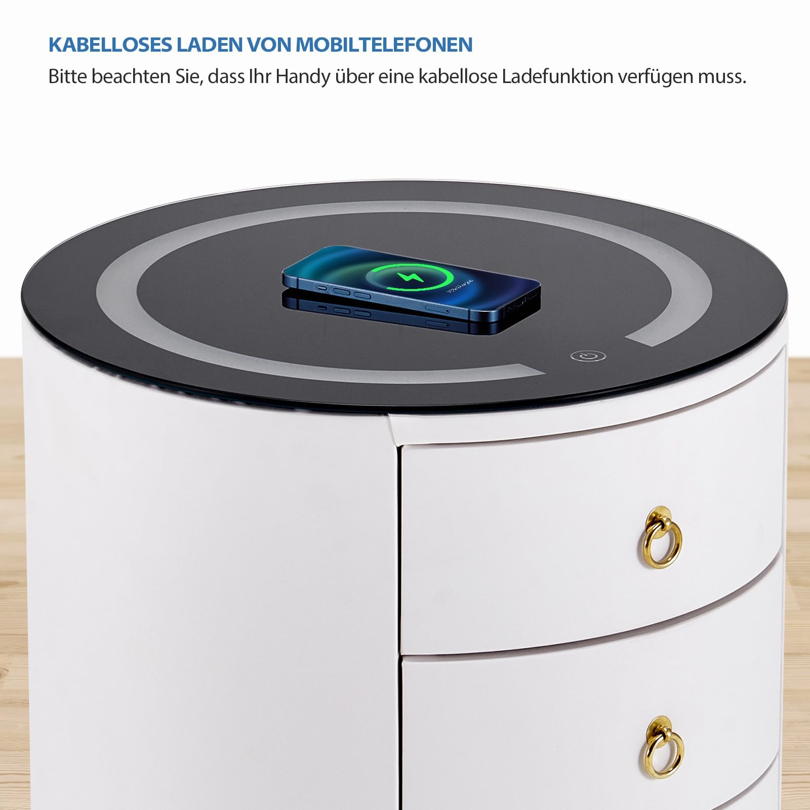CLIPOP Smart Nachttisch, kabelloses Laden, LED, 3 Schubladen, Weiß | Rundes Design, Holzrahmen, gehärtete Glasplatte, LED Licht einstellbar, für Schlafzimmer & Wohnzimmer 46*46*46 cm