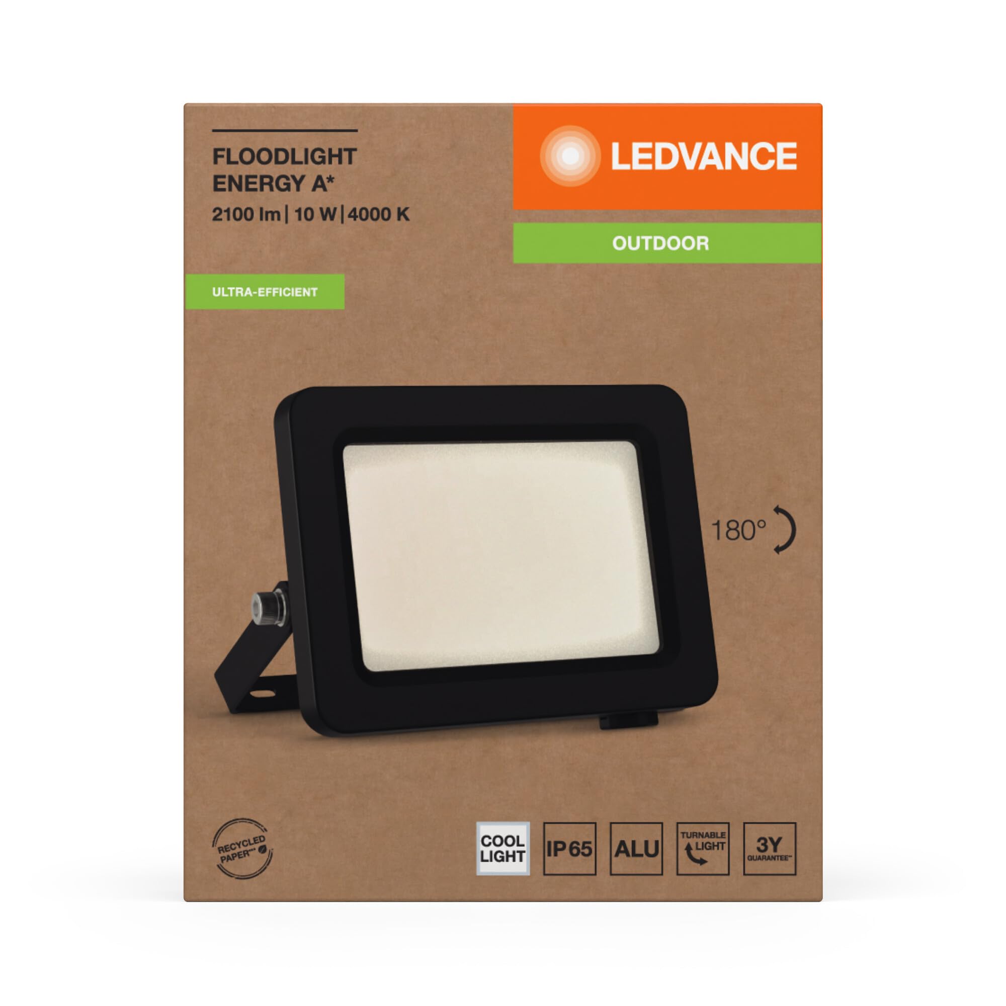 LEDVANCE Proiettore LED con classe di efficienza energetica A, alloggiamento in alluminio nero, 10 W, 1750 lm, per applicazioni esterne, peso leggero, installazione semplice, pacco da 8