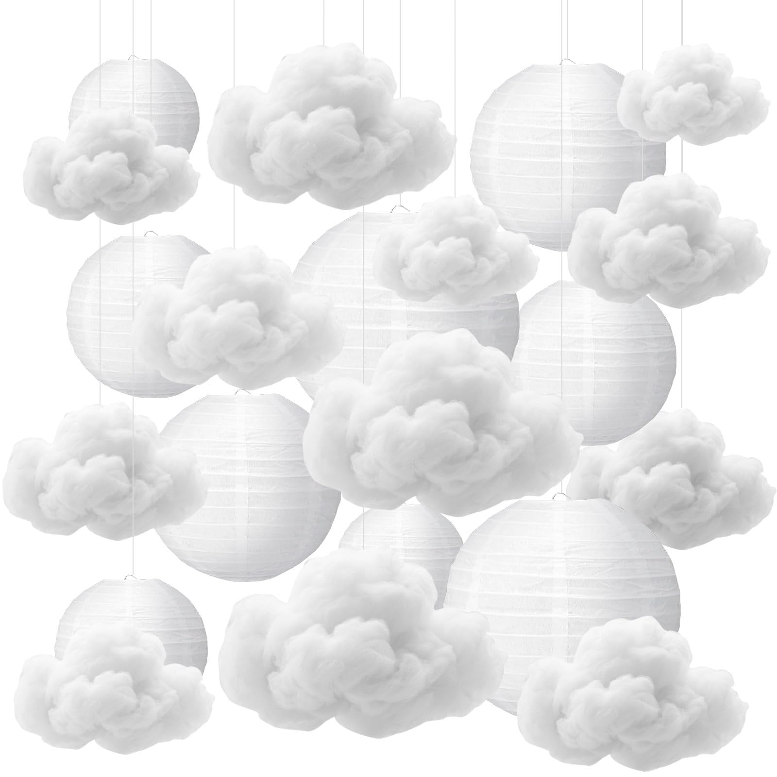 Baquler 10 Pcs White Paper Lanterns with Fiber 3D Clouds Decorations for Ceiling Hanging DIY Clouds Ornament Round Paper Lanterns Lamp for Room,Birthday,Bridal,Home,Wedding Art Stage Party Supplies