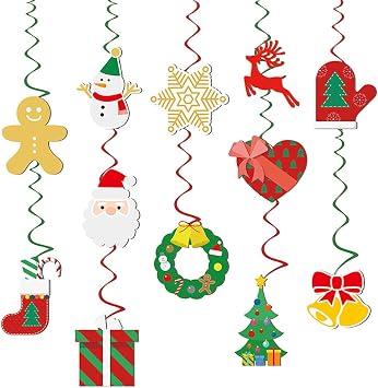 Christmas Ornaments Set of 12 Christmas Paper Garland Stylish Snowman Santa Reindeer Bell Hanging Swirl Christmas Tree Ornaments Christmas Ceiling Wall Window Decoration