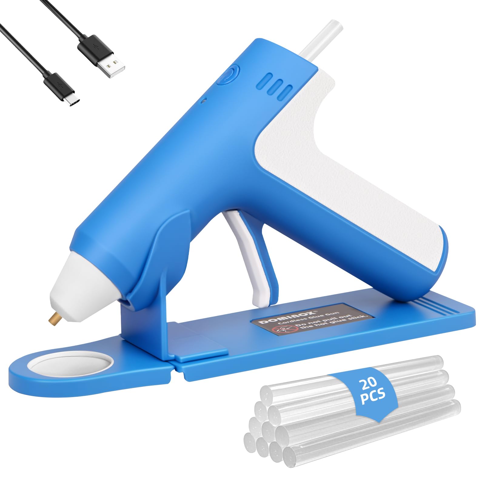 Pistola de Pegamento Caliente Inalámbrica con 20 Barras de Silicona, Calentamiento Rápido de 25S, Batería Recargable 2000mAh Type-C, Apagado inteligente, para Arte, Artesanía, DIY, Azul