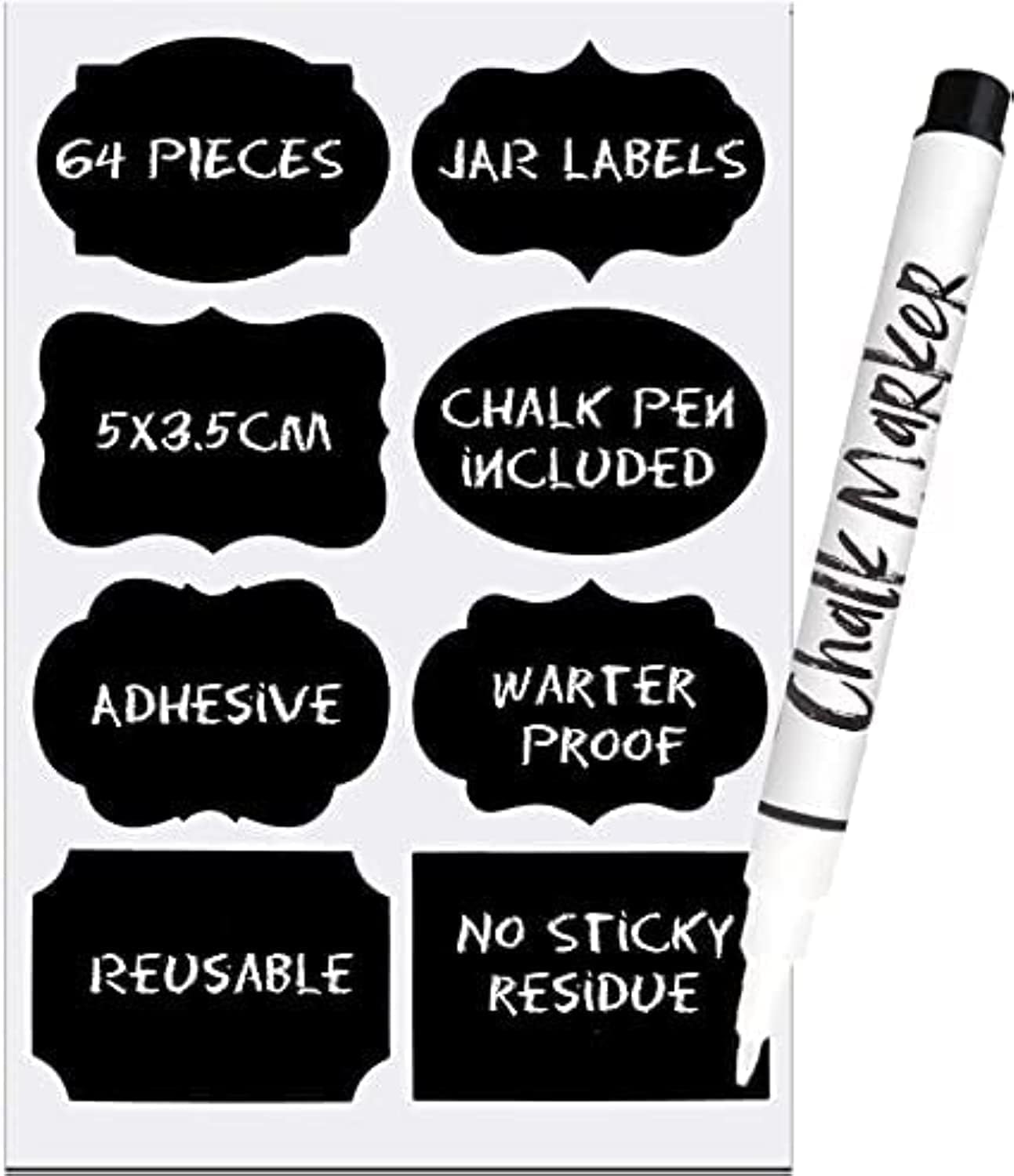 64 Chalkboard Labels for Storage Bins - Dishwasher Safe Reusable Labels for Food Containers - Removable Waterproof Mason Jar Labels by