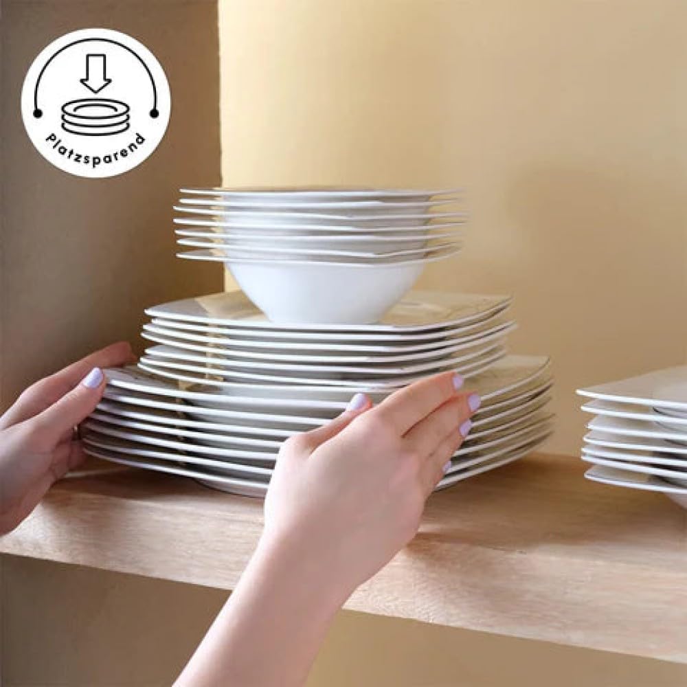 Karaca Square Bone Autumn - 53-teiliges Geschirrset für 12 Personen, Eckig Modern Teller Set aus Porzellan Bone China, Geschirr Set mit Müslischalen, Servierplatte, Pastateller, Dessertteller - Gold