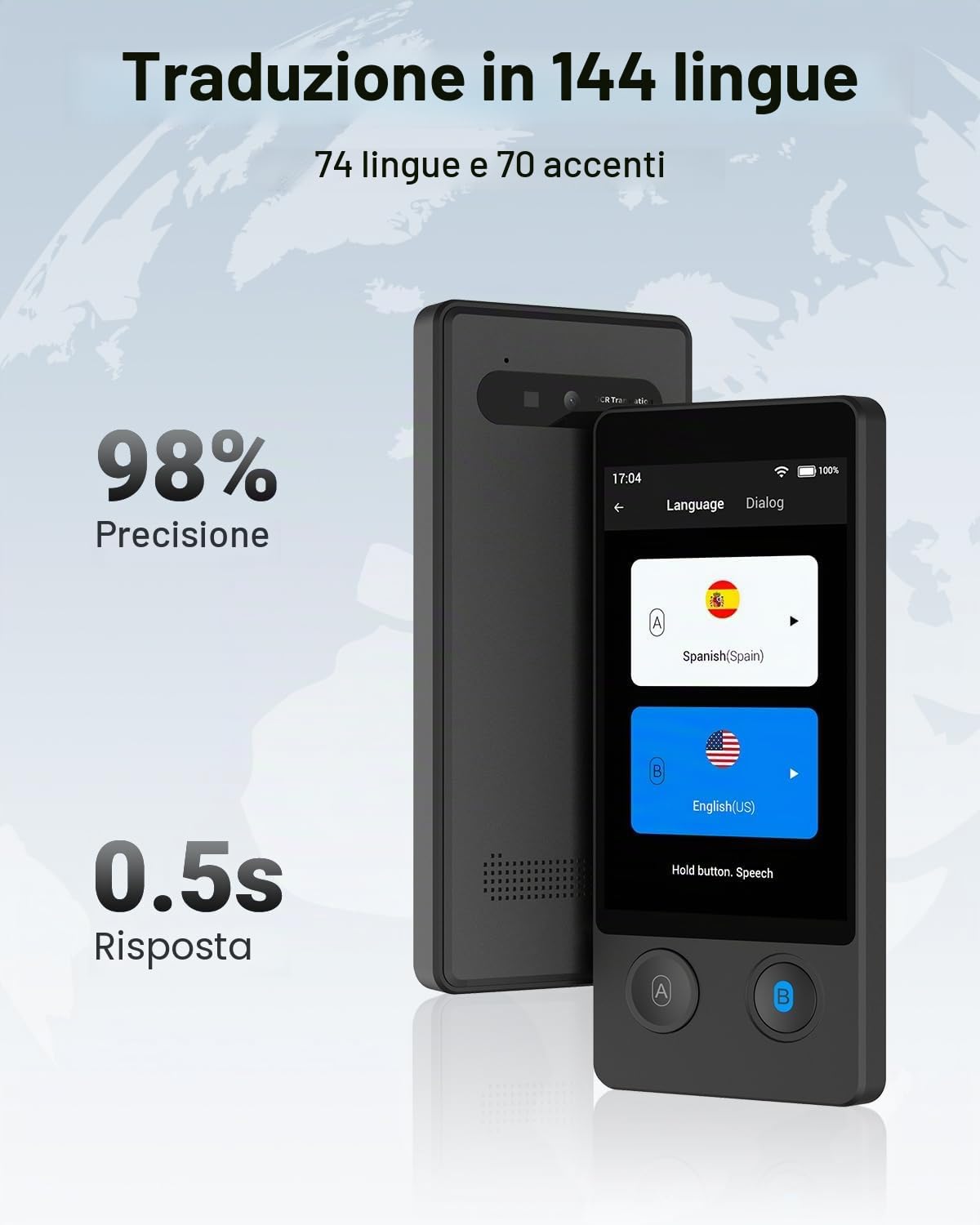 XUPURTLK Dispositivo W12, traduttore vocale a due vie | 144 lingue traduttore in tempo reale, offline, registrazione e traduzione di foto per viaggi, affari, apprendimento (nero)