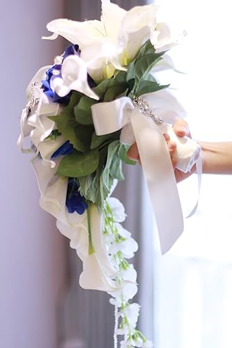Miniatura 5 de IFFO - Ramo azul real, ramos de novia para boda, ramo de novia de lirio de cala blanca, forma de cascada de gotas de agua, ramo de joyería de lujo,