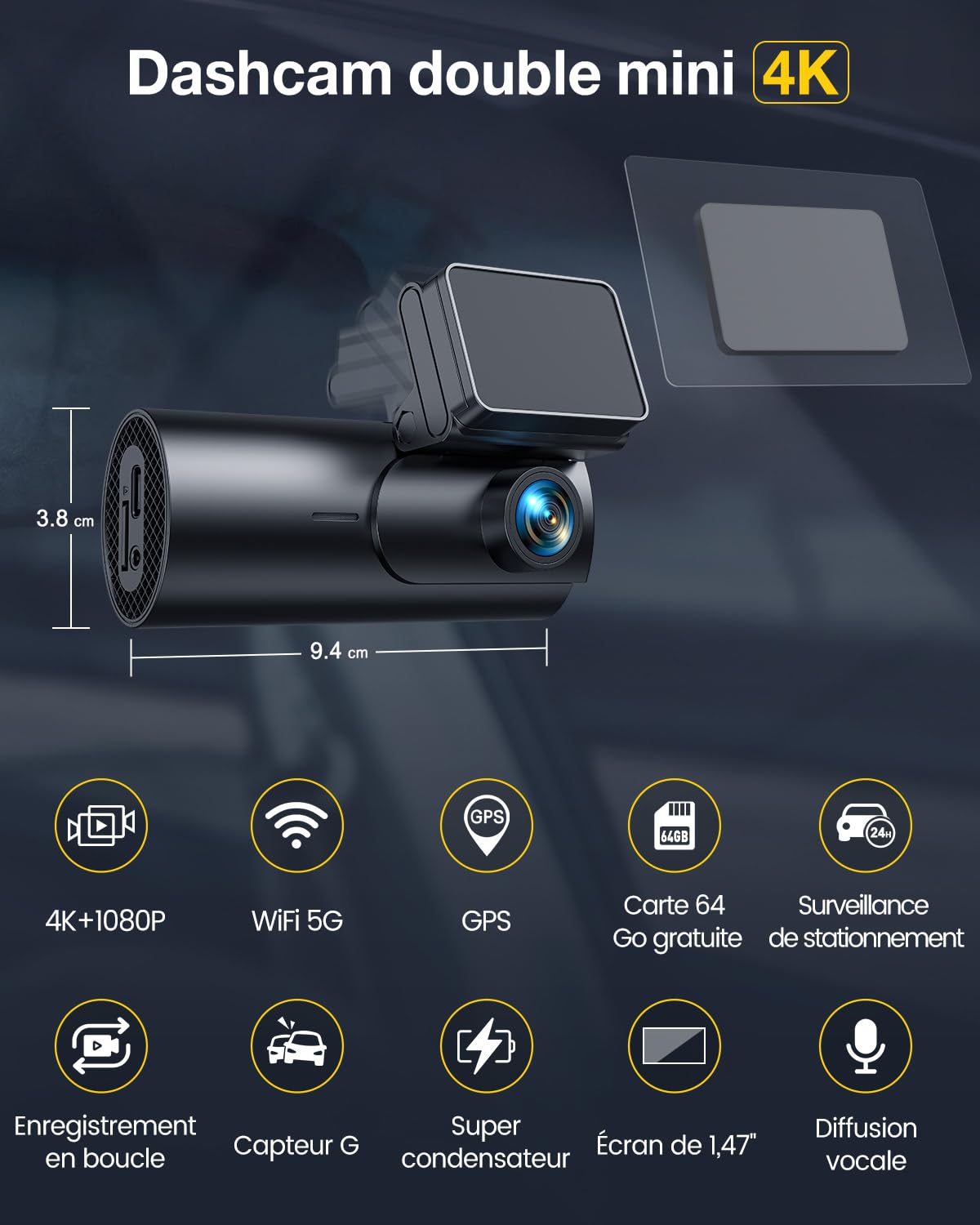 GKU 4K Dashcam Voiture Avant Arrière,5GHz WiFi GPS,2160P+1080P Camera Voiture,1.5'' IPS Caméra Embarquée Voiture avec Carte SD 64G,Grand Angle 170°,Vision Nocturne,WDR,G-Capteur,Mode Stationnement 24H