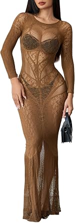 Womens Sexy Sheer Lace Maxi Dress Long Sleeve Round Neck Mesh Evening Bodycon Party Gown