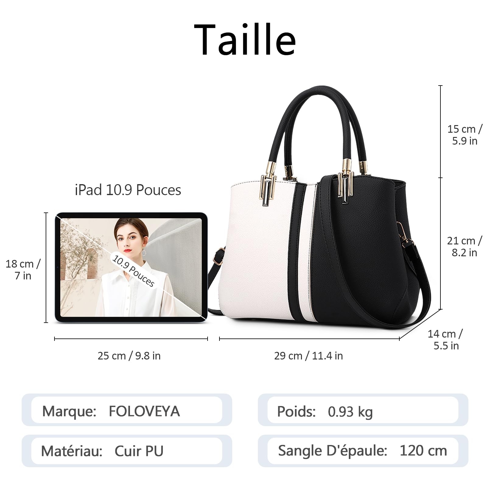 Elégant Sac à Main Femme Sac Fourre Tout Épissage Sac à Bandoulière Dames Sacs Portés Epaule PU Cuir Sac Tote Travail Achats Fête Voyage Sac de Cours Noir