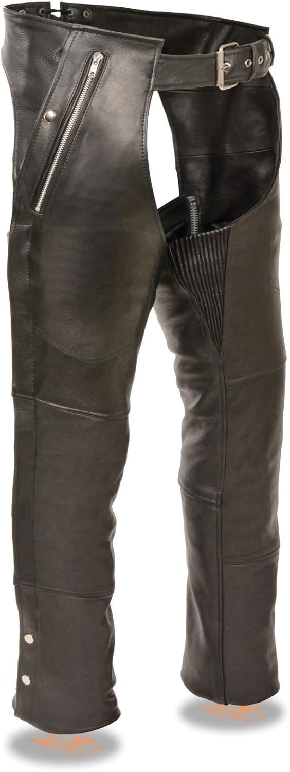 MEN'S MOTORCYCLE MOTORBIKE BLACK LEATHER RIDING CHAP PANTS SOFT NEW BLACK (S Regular)