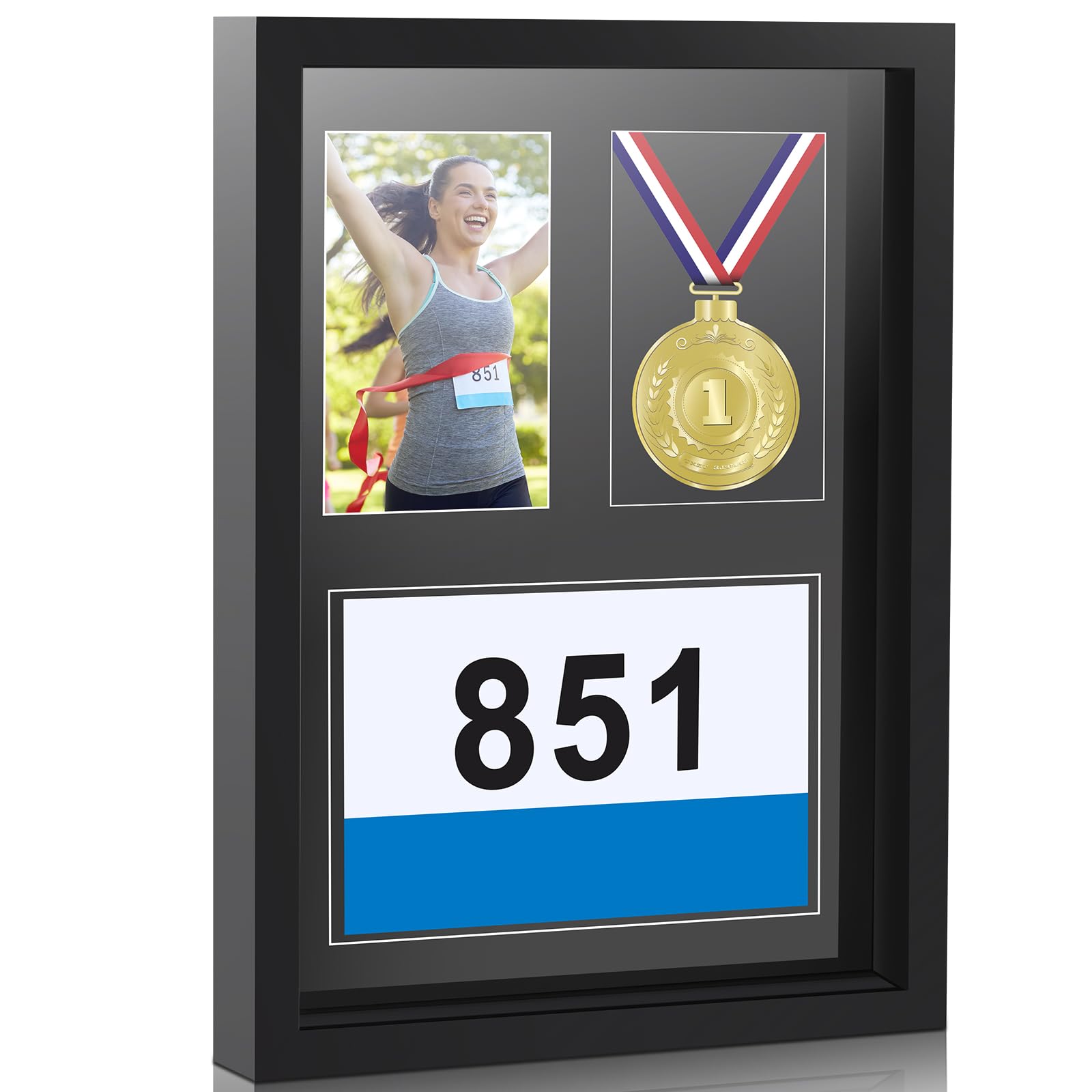 Medal Display Frame Shadow Box 3 in 1 Marathon Medal and Photo Display Frame Case 17 x 12.5 Inch Black Wood Award Storage Box for Runners, Race Bibs All Sport Winner, Military Award(Black)