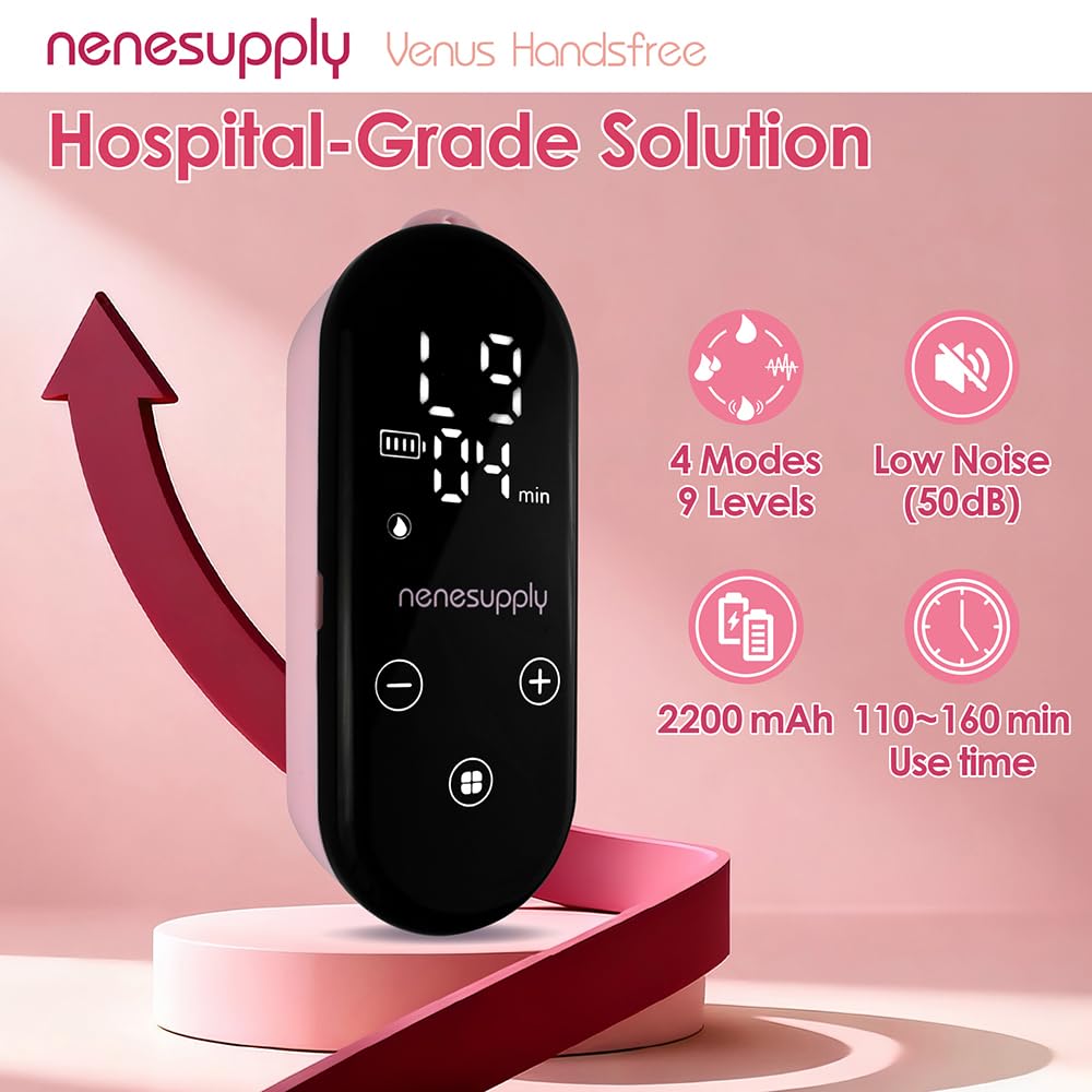 Nenesupply Venus Tire-lait portable mains libres de qualité hospitalière portable 4 modes 9 niveaux d'aspiration. Bride en silicone avec tasses de collecte étanches, ajustement discret de 170 g