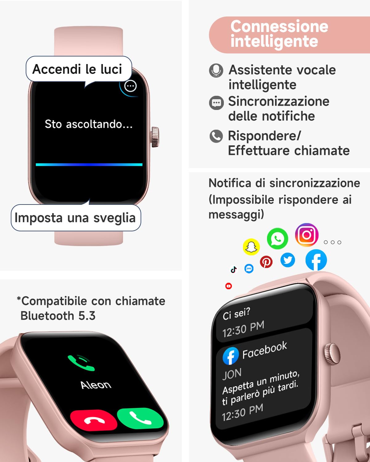 TOOBUR Smartwatch Donna Alexa Integrata, 1.95" Orologio Smartwatch Chiamate Cardiofrequenzimetro Contapassi SonnoImpermeabil IP68, 100 Sportivo, Notifiche Messaggi, Compatibile Android IOS