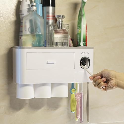 Miniatura 3 de So Nice Porta cepillos de dientes para baños, soporte de plástico blanco para cepillos de dientes montado en la pared con dispensador de pasta de