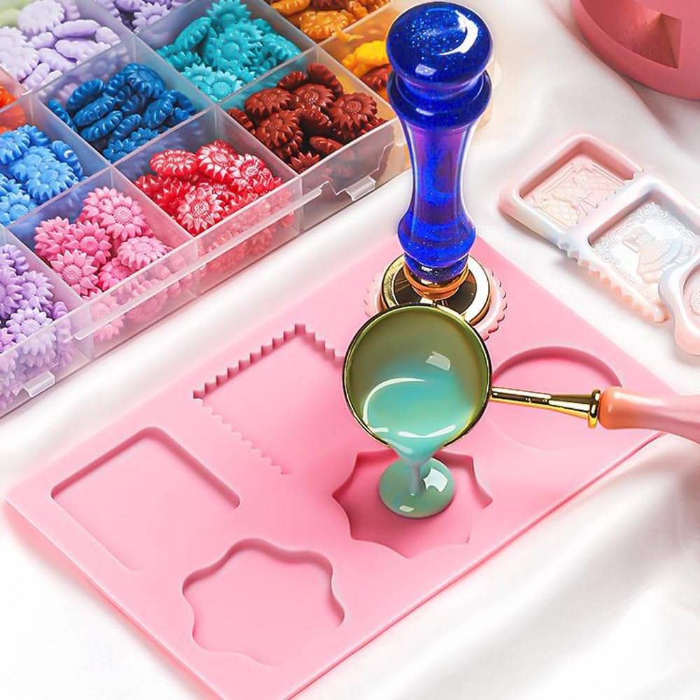Mceal Silicone Wax Seal Mat Mold Kit, Square & Bear Mats 2pcs with 11 Wax Seal Shapes, DIY Sealing Wax Crafting(White)