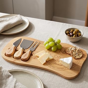 Deconox Peynir Sunum Seti 4 Parça, Bambu Servis Tahtası ve 3 Parça Peynir Bıçağı Seti, Peynir Tabağı, Kahvaltı, Meze, Şarküteri ve İkramlık Sunum Tahtası, 33 x 17,5 x 1,2 cm