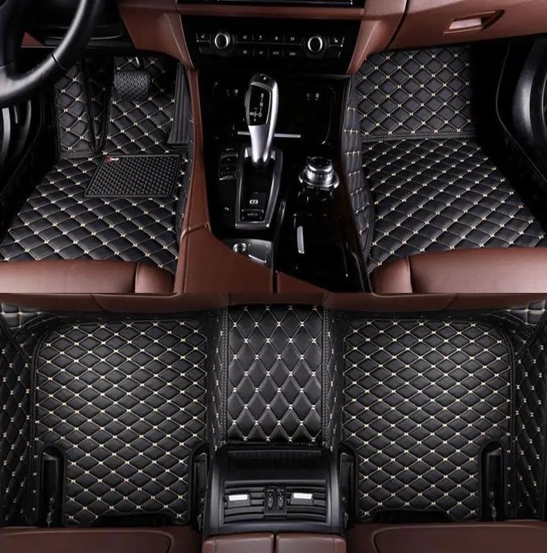 Image of NEXTA Premium Nappa Luxury Leather with Grass Mat Complete Set || 100% Waterproof and Washable||7D Cars Floor Mats for VinFast Limo Green - 7 Seater (All 3 Rows) | Color : (Black & Golden)