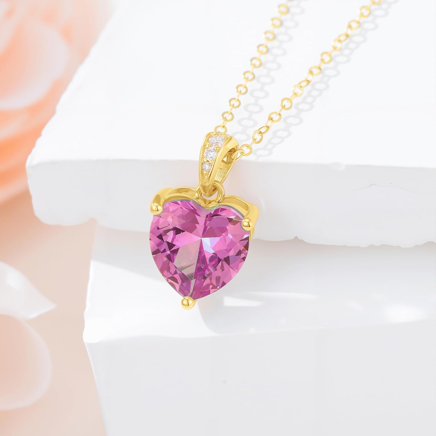 14K Solid Gold Birthstone Heart Necklace, Dainty Yellow Gold Colored Gemstone Heart Pendant Forever Love Jewelry Gift for Women, Mom, Wife 16"-18" - Image 3