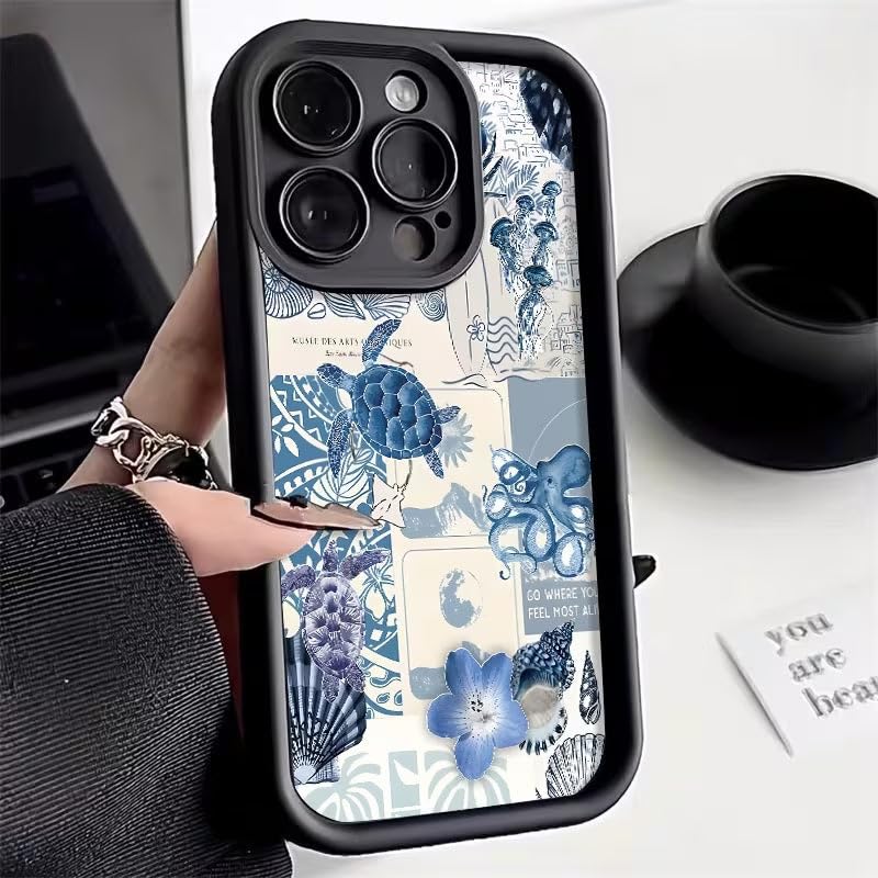 Image of COVERLY Blue Sea Turtle Back Case for iPhone 15 Pro Max | Hot 3D Ocean Summer Vibe Floral Cute Design | Lens Protection | Soft TPU Silicone Aesthetic Print Cover for Girls & Women (Black, Shockproof)