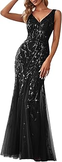 Women's Sequin Formal Dress Double V-Neck Sleeveless Mermaid Long Evening Prom Dresses 07886