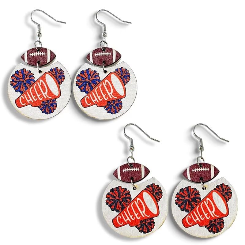 Blue Drop 2 Pairs Ball Wooden Dangle Earrings Football Cheer Earrings Game Day Sports Lover Jewelry Gifts for Women