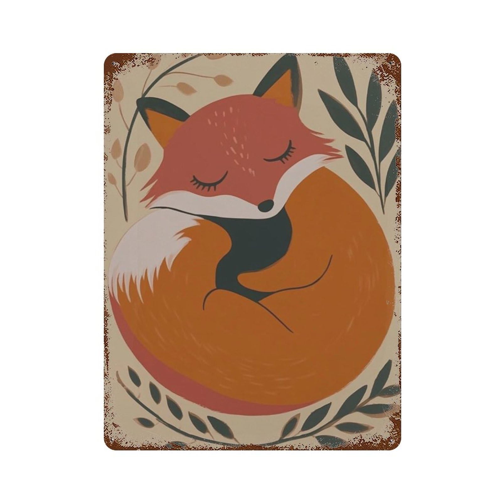 xiaoxiaoshen Sleeping Fox Cute Animal Nursery Woodland Minimal Wall Decor Art Metal Tin Poster Modern Home Decor Art Home Bar Shop Decorations Vintage Sign 40x30cm