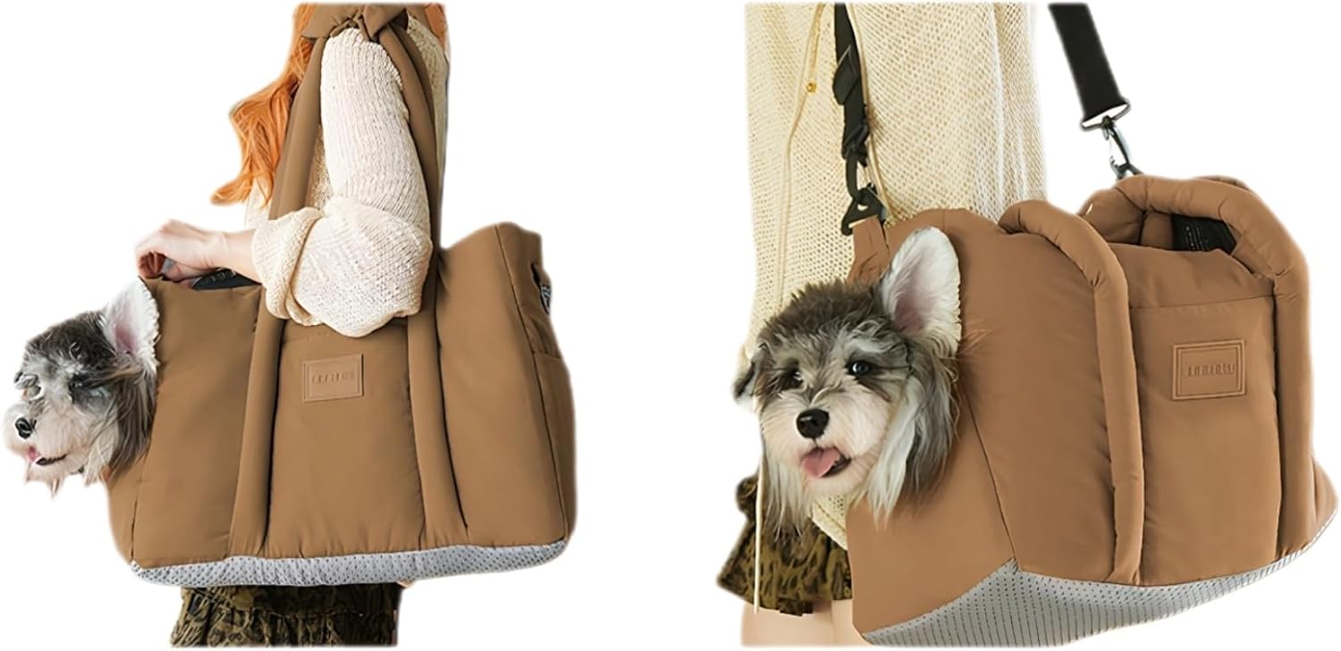 Dog Walking Bag Sling, Dog Carrier Purse with Safety Leash Clip,Warm Soft Sided Pet Carrier Purse for Small Medium Dogs Cats Portable Hands-Free Shoulder Tote for Outdoor Travel (Grayish Green) dark brown - Image 1 of 9