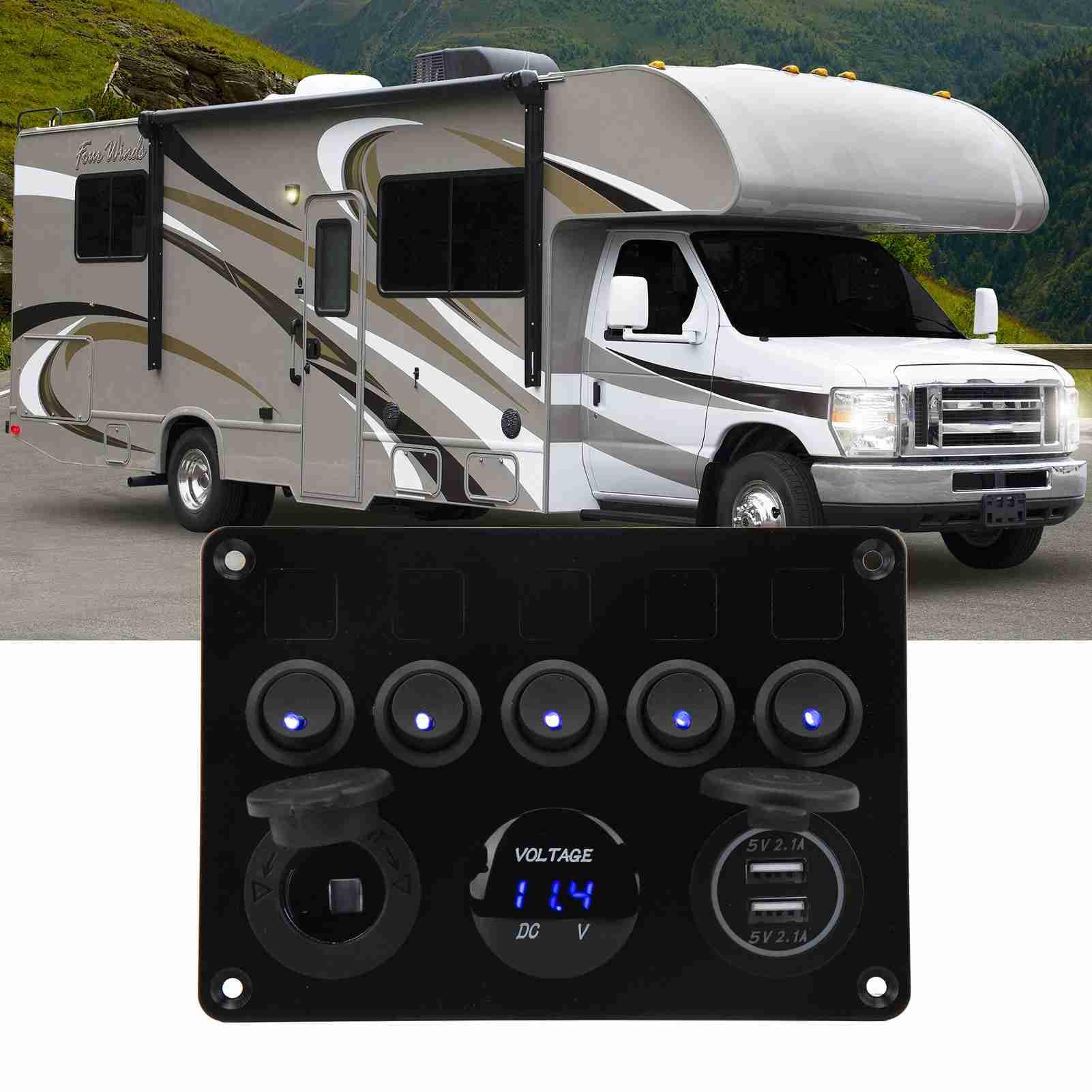 Panel przełączników 5-krotnych lvifloae 12-24 V, panel przełączników LED łodzi morskiej z woltomierzem cyfrowym, podwójna zapalniczka USB do przyczepy RV Truck (Zielony)